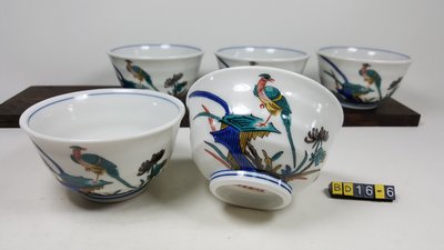 日本 九谷燒 吉右衛門窯 菊花與鳥圖案 茶碗 5入紙盒裝 - BD16-6