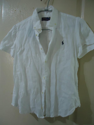 Polo Ralph Lauren 白色純亞麻短袖休閒襯衫,尺寸L,肩寬38cm胸寬50cm,降價大出清