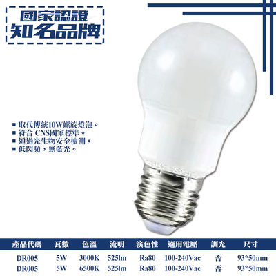 【阿倫燈具】《YDR005》LED-5W球泡 黃光/白光 環保商品 節能省電 無藍光危害