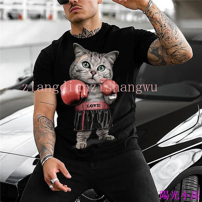 可愛貓咪 T 恤男士 3d 印花動物貓襯衫圓領短袖超大款趣味上衣 T 恤 動物t恤-陽光小屋