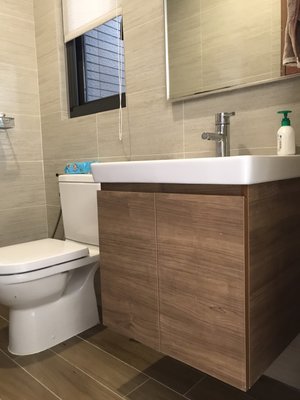 台中系統櫃設計推薦--胡桃深木紋門片 浴室白色發泡板櫃體浴下櫃 { 湯姆 浴室專用系統櫃 } 客製化