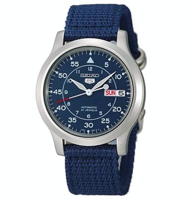 【神梭鐘錶】SEIKO WATCH 精工5號盾牌軍用第二代帆布錶帶空軍藍色機械腕錶 型號：SNK807K2