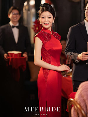 滿庭芳【南歌子】紅色旗袍敬服年輕款高端氣質新娘改良訂婚禮服-多多百貨