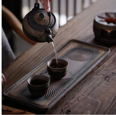 日式粗陶茶盤 手工復古鎏金幹泡盤茶臺茶托 陶瓷簡約儲水幹泡茶盤