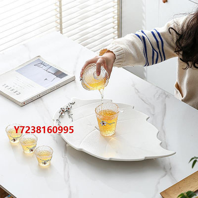 茶盤排水茶盤陶瓷葉形茶臺家用小號純色白瓷中式創意簡約托盤功夫茶具