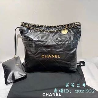Diana二手 CHANEL 香奈兒 22S 新款 黑色 金字 小牛皮 菱格 垃圾袋包 手提袋 單肩包 AS3260