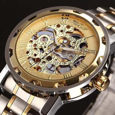 現貨男士手錶腕錶18種顏色 WINNER 男士時尚商務休閑鏤空間金錶帶 手動機械錶