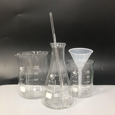 燒杯500ml*1+1000ml*1+三角瓶500ml+玻璃棒 +塑料漏斗90mm