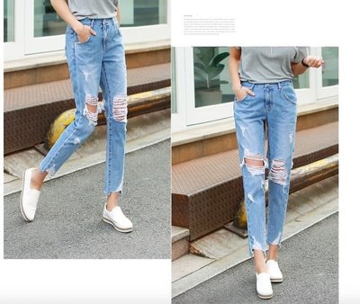 美麗喵。現貨。正韓 韓國製 版型美 腰圍鬆緊  前後割破設計 男友褲 牛仔褲（深藍L)