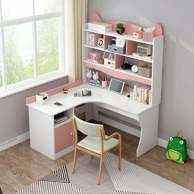 臥室簡約學生女孩粉色兒童房書桌 書櫃組合 一體轉角書架 寫字桌