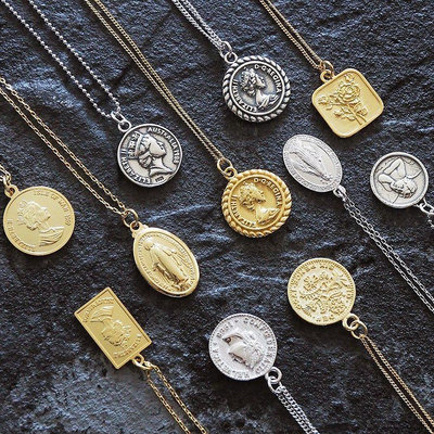 新店促銷 925純銀鎖骨鍊女歐美潮人ins復古人像硬幣錢幣圣母雙面中長款項鍊可開發票