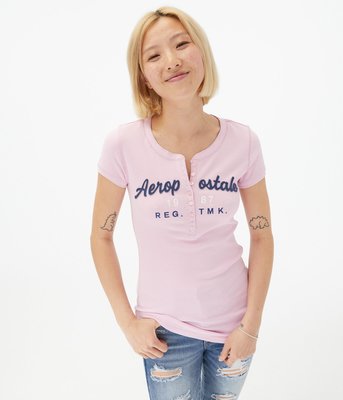 MISHIANA美國休閒品牌 AEROPOSTALE 女生款短袖粉色亨利領上衣 ( 特價出售 )