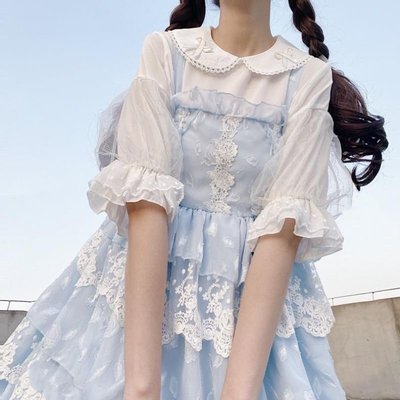 SSS-【】蕾絲雪紡Lolita裙內搭 泡泡袖娃娃領短袖襯衫 學生日常蘿莉塔-實拍保障質量