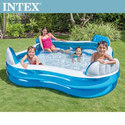 小江的店--【INTEX】藍色透明有靠墊戲水游泳池229x229x66cm(990L)適用3歲+(56475NP)