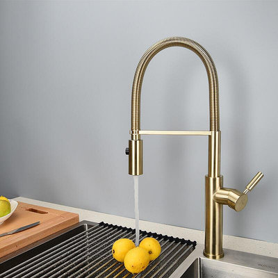 全銅廚房高彎彈簧抽拉式雙出水可旋轉抽拉式洗碗洗菜盆水槽水龍頭