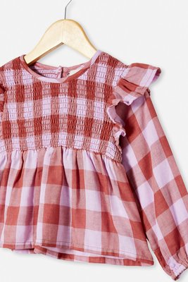 ㊣澳洲Cotton On Kids✿女童甜美荷葉邊粉紅格紋純棉薄長袖上衣✿-澳碼8號