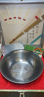 日本 錫半造本錫果子器 大缽 鴛鴦戲水紋 帶果簽 非塑料材質