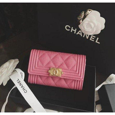 全新法國正品 香奈兒 Chanel 粉紅色 短夾 零錢包 金CC 卡包 零錢包 粉色牛皮粒紋 A80603