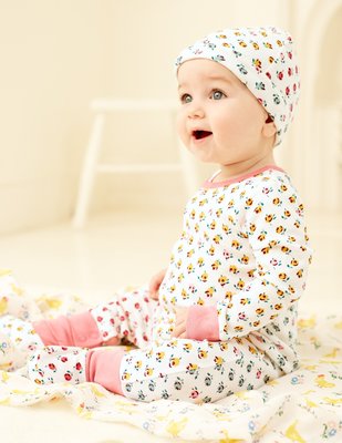 ♡NaNa Baby♡英國Mini Boden【彩色花卉圖騰長袖連身衣/嬰兒帽/嬰兒襪套/三件組】70062 FLR