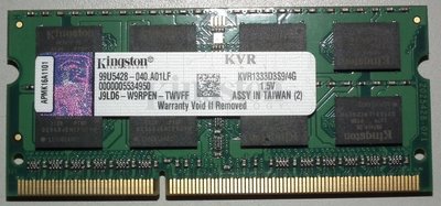 金士頓DDR3-1333單條4GB雙面顆粒KVR1333D3S9/4G終身保固NB筆記型記憶體終保筆電