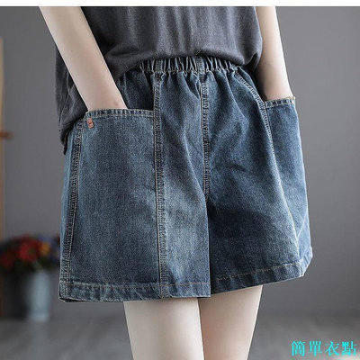 夏季 韓版 牛仔短褲 女 大口袋 寬鬆 顯瘦 減齡 百搭 闊腿 薄款 鬆緊腰 短褲 女