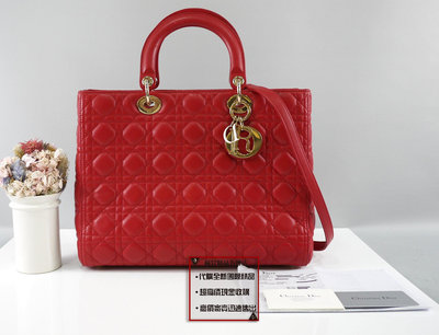 優買二手精品名牌店 Christian Dior LADY 紅色羊皮菱格金釦大款 肩背包購物包黛妃包手提包斜背包 美品二