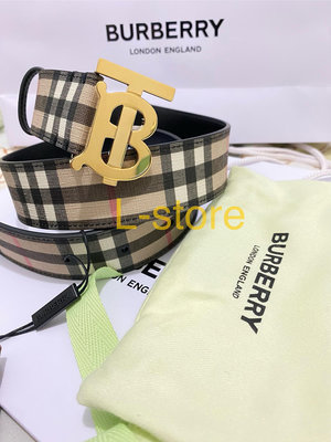 L-store 現貨 全新真品 BURBERRY 經典PVC格紋 牛皮 3.5cm TB logo 皮帶 僅有一條