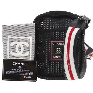 CHANEL 運動系列黑色網布編織寬背帶相機包斜背包