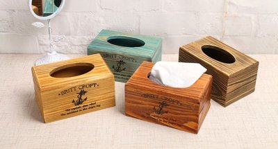 Boo zakka 生活雜貨 復古風 原木 面紙盒 木製餐巾盒 木製紙巾盒 舊木色 淺木色 海錨 藍色 OSU07a2