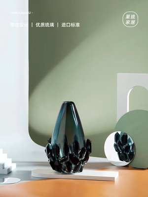 現貨熱銷-簡約現代玻璃花瓶高端家居軟裝飾品輕奢玄關客廳創意擺件琉璃花器^特價特賣