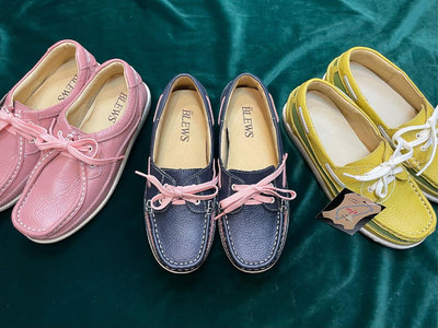 三輝皮鞋BLEWS台灣製小牛皮手缝款時尚帆船鞋休閒鞋藍色，粉紅，黃色零碼特價現貨