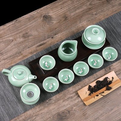 【送茶巾】青瓷功夫茶具套裝家用小茶杯鯉魚茶碗陶瓷茶壺蓋碗茶杯~特價