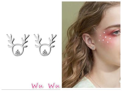 韓 輕巧 可愛 聖誕節 水鑽 馴鹿 造型 s925抗敏感 耳針 耳環(可改耳夾)