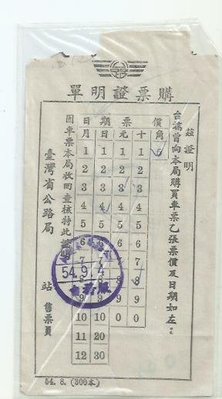 54年台灣省公路局花蓮站購票證明單b12