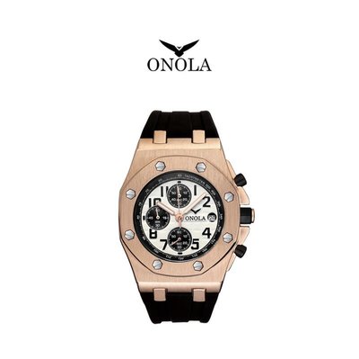 義大利品牌 ONOLA 玫瑰金白八角三眼橡膠腕錶 ON6805