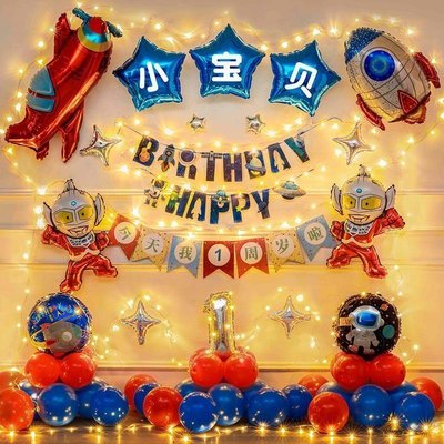 生日布置男孩奧特曼主題藍氣球派對寶寶一周歲美國隊長背景墻裝飾~特價[下標請咨詢]