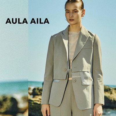 SHINY SPO 獨家代理日本設計師品牌AULA   AILA 造型可拆式三way異材質拼接不對稱設計內層拼接透膚西裝背心外層短版不對稱剪裁西裝外套