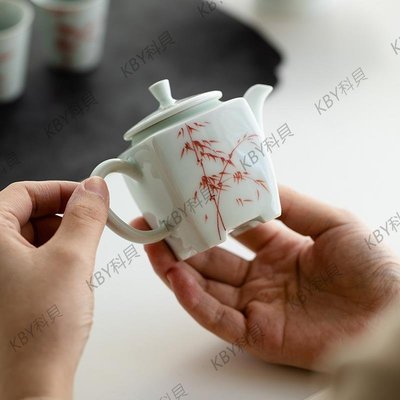 手繪四方茶壺單人套裝家用二三杯陶瓷客廳復古紅竹中式泡茶壺單壺四方壺-kby科貝