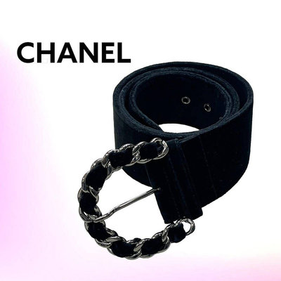 Chanel vintage香奈兒復古經典銀色穿皮鏈絨布皮帶 腰帶