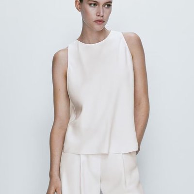 【全新現貨】Massimo Dutti 白色背心氣質簡約夏季新款寬松版純色無袖繞頸吊帶襯衫女上衣