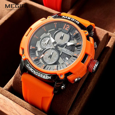Megir 橙色男士手錶時尚防水夜光計時石英腕錶帶自動日期矽膠錶帶 2208