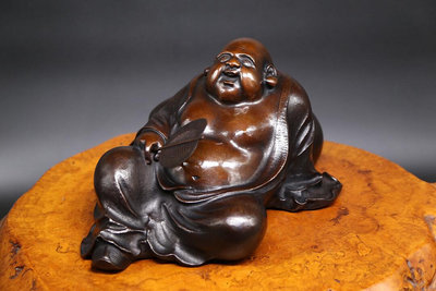 【二手】日本七福神之一布袋和尚，彌勒佛銅像，臥姿彌勒佛銅像。金工師正12522【如意坊】擺件  老物件 老貨