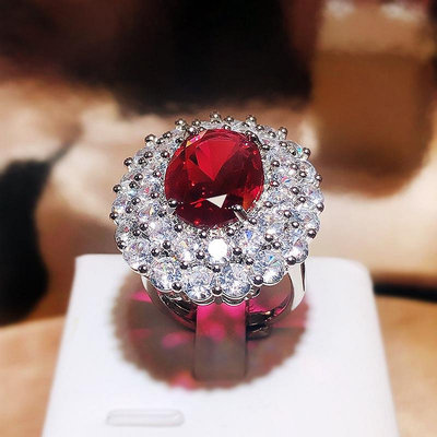 速賣通歐美新款氣質高端群鑲鋯石仿真紅碧璽彩寶戒指女指環飾品