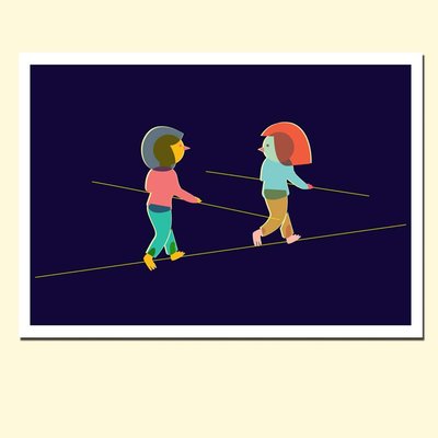 【摩達客】西班牙知名插畫家Judy Kaufmann藝術創作海報掛畫裝飾畫-朋友走鋼索(附Judy本人簽名)(含木框)