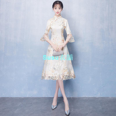 旗袍 改良版 洋裝 洋裝改良版旗袍女年輕款少女小香風現代香檳色旗袍式洋裝日常中國風