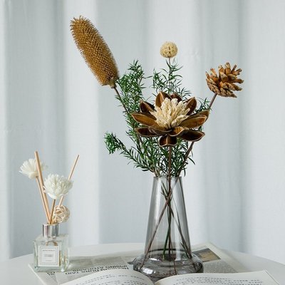干花 干花花束玻璃花瓶装饰摆件餐桌客厅摆设桌面插花组合真花风干天然