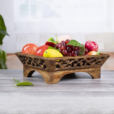 泰國木雕創意水果盤實木鏤空帶腳果盤客廳茶幾復古裝飾擺件