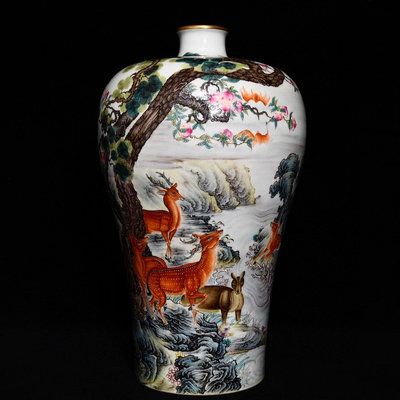 古董瓷器 雍正粉彩福祿壽松鹿紋梅瓶，高37cm直徑22cm，編號75-22811