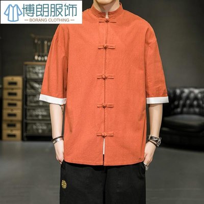 中國風男裝 棉麻襯衫 男 七分袖 復古風 唐裝漢服 中式 盤扣 亞麻 短袖襯衫-博朗服飾