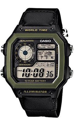 【CASIO 專賣店】AE-1200WHB-1B 十年電力世界時間黑帆布錶帶款